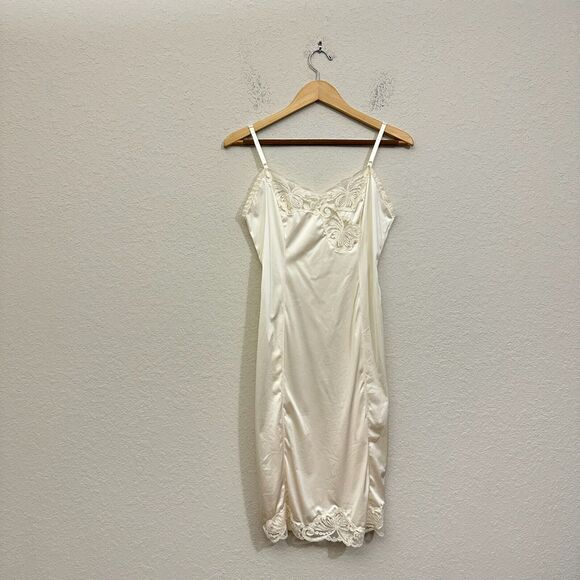 VTG 70s WORKER MAID Lace-Trim Satin Midi Slip Dress Cream UNION WORKER - Picture 1 of 10